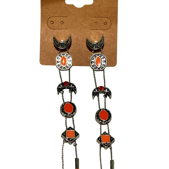 New Free People Boho Orange Silver Dangle Earrings Jewelry - Picture 2 of 2